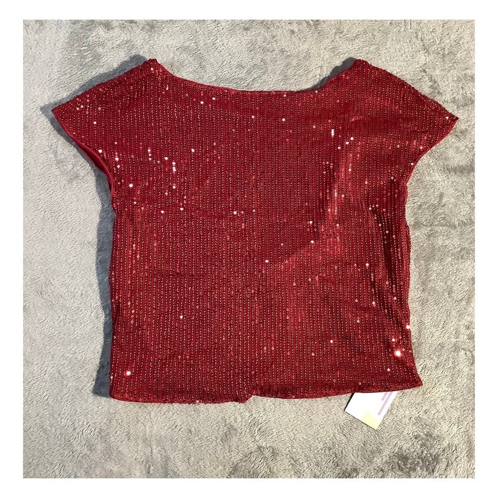 WDIRARA Women's XL Red Sequin Crop‎ Top Short Sleeve Low Back Party Holiday NWT